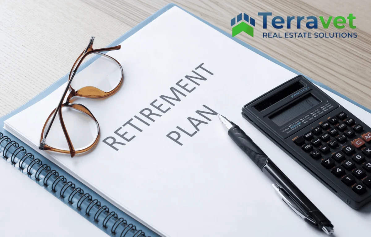Retirement plan document with calculator and glasses representing Veterinarian Retirement planning and Real Estate