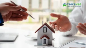 Model house between two people meeting representing Repositioning real estate