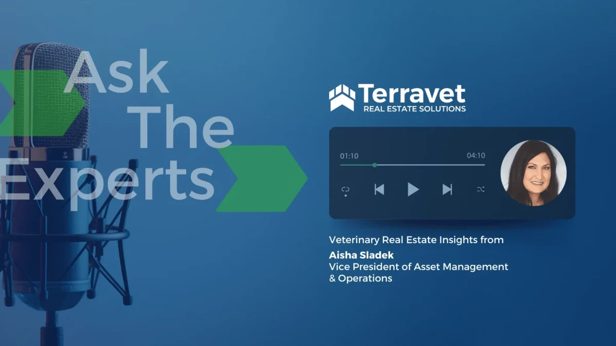 A microphone and player preview with text overlay showcasing the veterinary real estate insights video