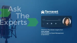 A microphone and player preview with text overlay showcasing the veterinary real estate insights video