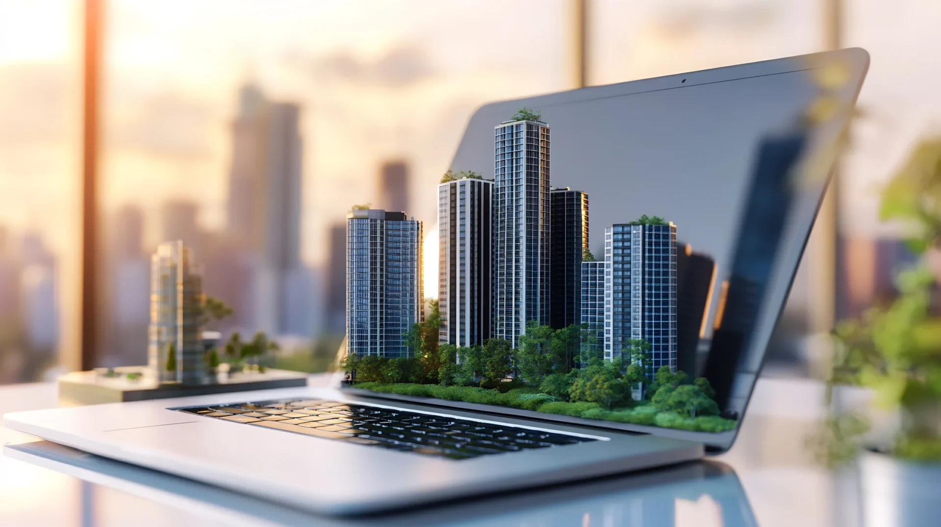 Open laptop with skyscraper buildings and trees growing representing Education