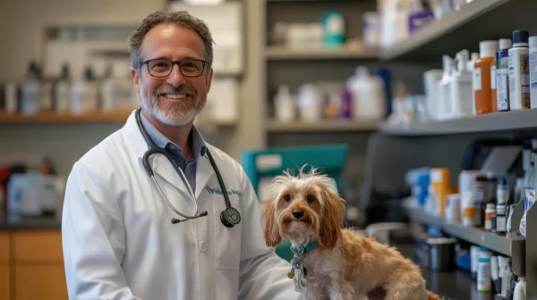 Smiling veterinary doctor with small dog in clinic