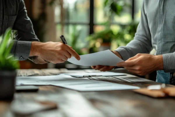 Healthcare Property Owners passing documents during meeting