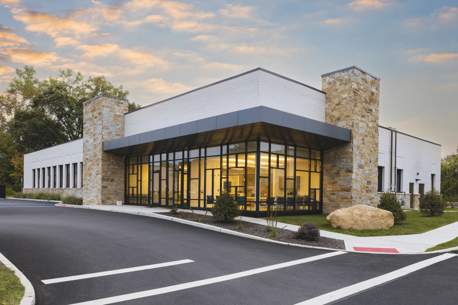 Exterior of Terravet's Rockaway Animal Hospital, with reception shown through large glass windows.