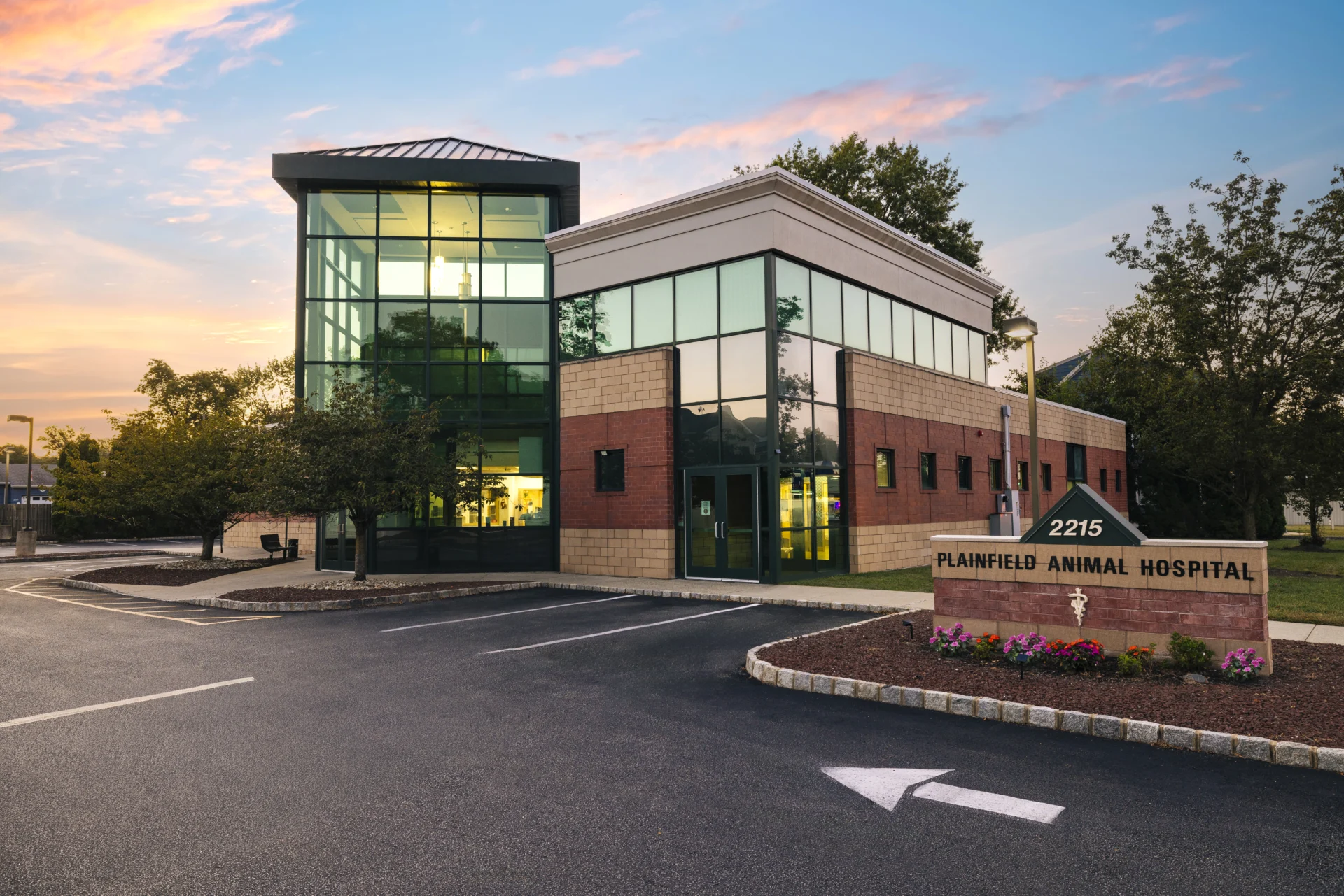 Exterior of Terravet's Plainfield Animal Hospital in early morning light.