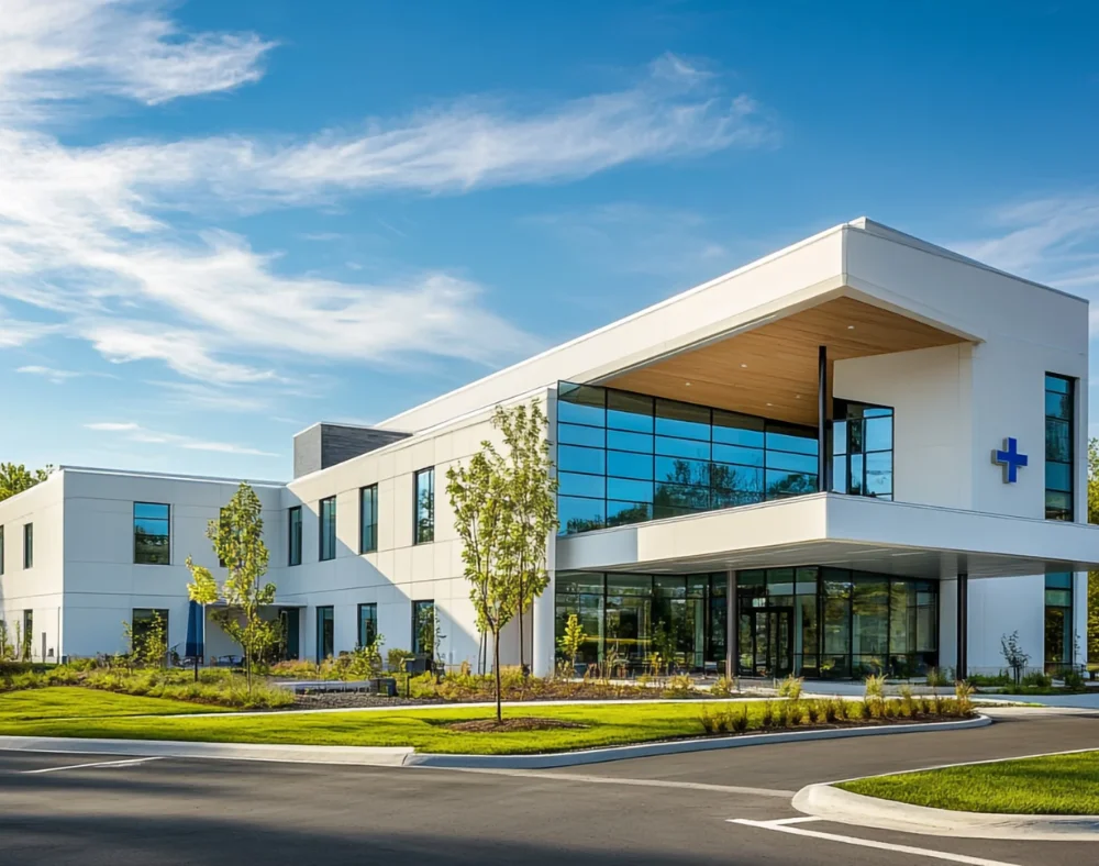 Front of a medical building representing healthcare reits